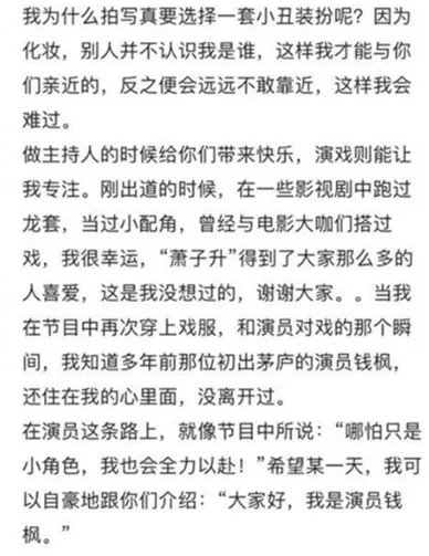 钱枫回应扮小丑是怎么说的?