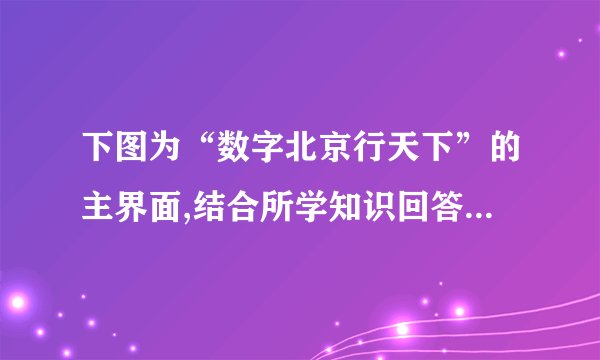 下图为“数字北京行天下”的主界面,结合所学知识回答下列问题。(23分)(1)若家住济南的某同学计划利用暑假到北京旅游,打算住在天安门附近,便于早晨看升国旗。但他不知道住在什么饭店,他应如何利用“数字北京行天下”查询合适的旅店?(2)到了旅店后,他打算游览长城、故宫、颐和园,他将如何选择恰当的乘车路线?